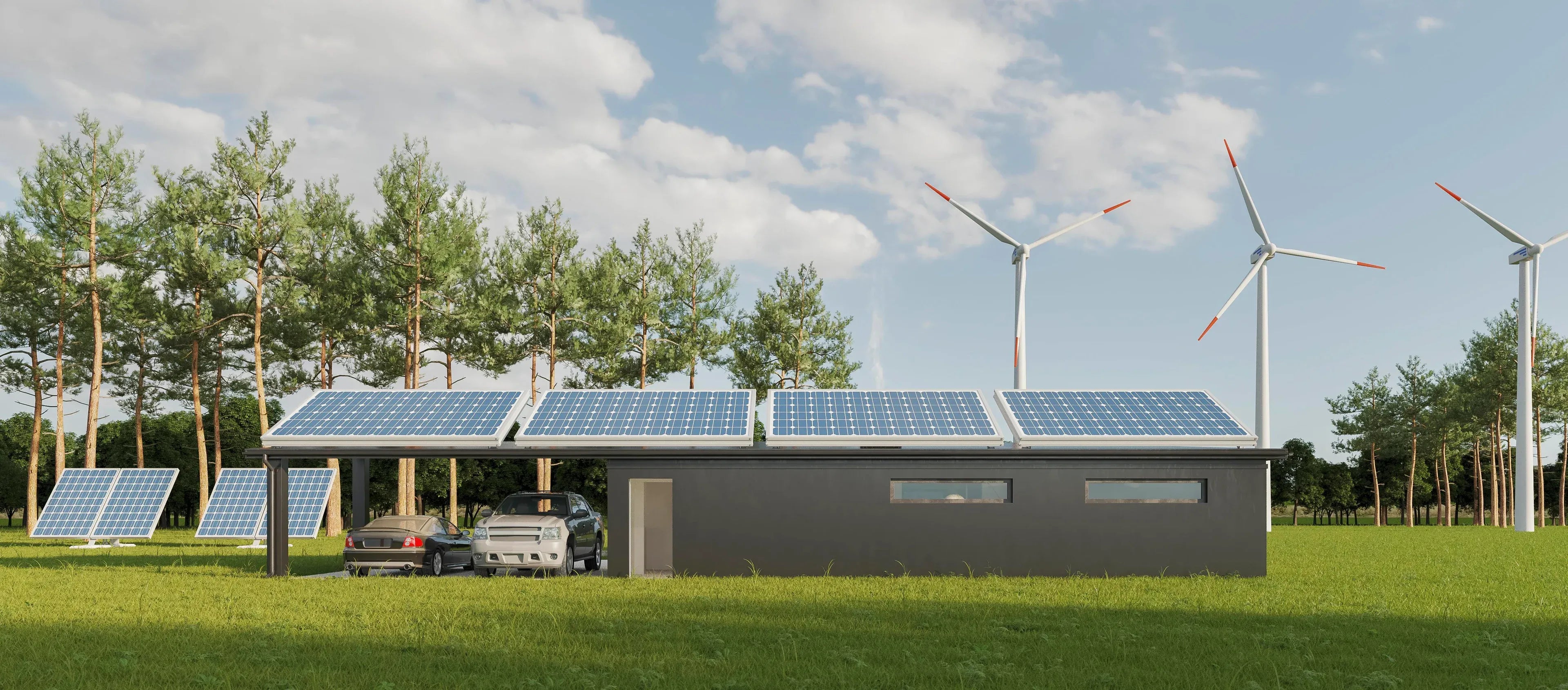 Modernes Haus mit auf dem Dach installierten Solarpaneelen