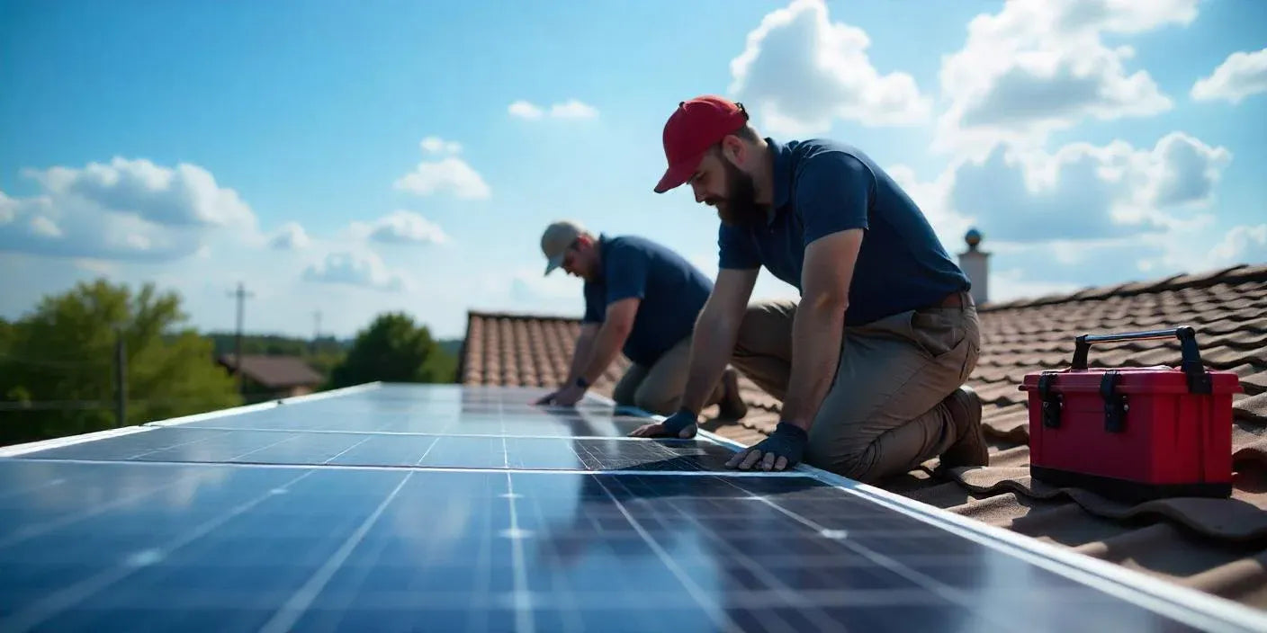 Arbeiter installieren Solarpaneele auf dem Dach
